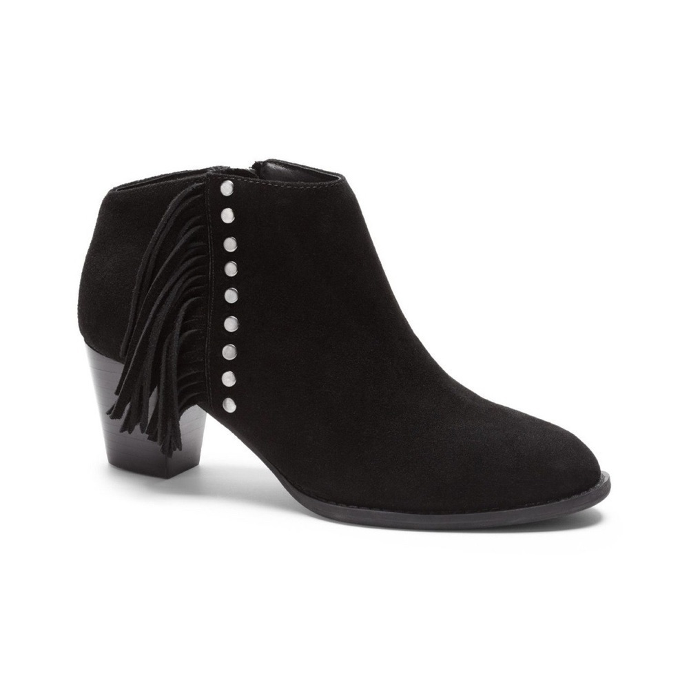 Vionic • Faros Fringed Bootie ankle boot black suede heeled studded orthotic